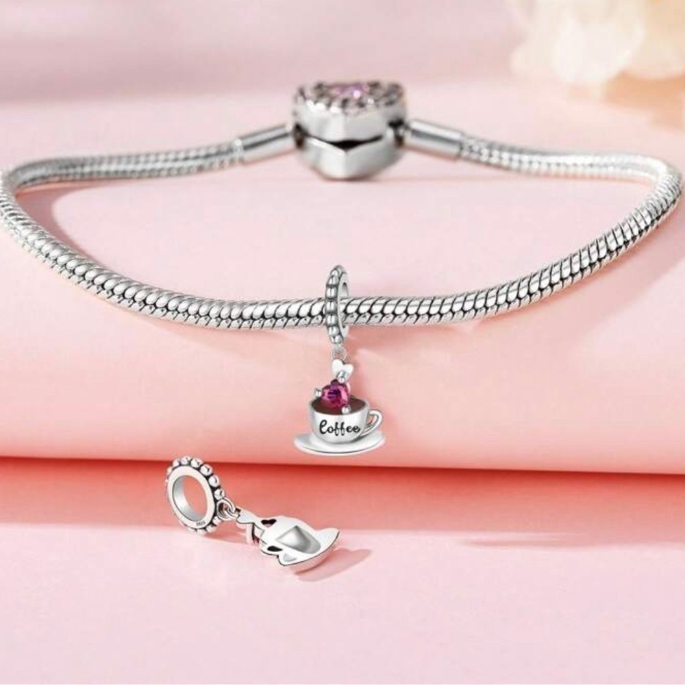 Sterling Silver 925 Coffee Cup Charm with Red Heart Accent